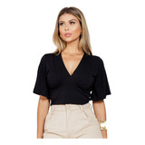 Blusa Cropped Decote V Manga Ampla Elegante Envio Rápido