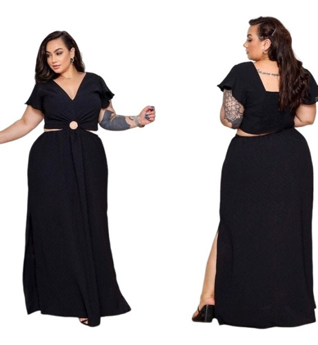 Vestido Longo Plus Size Soltinho Fenda Elegante De Argola