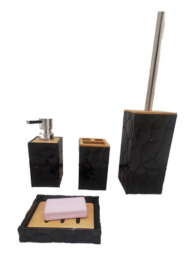 Set 4 Accesorios Baño Diseño Nórdico Bambu Negro Combinado