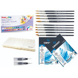 Kit Pintura 1 Gode + Bloco Papel + Aquarela E Pinceis