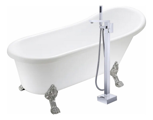 Solana Kit Bañera Vintage 150x75x75 Cm De Acrilico Solido Con Grifo Independiente Color Blanco / Plata Bañera Ovalada Slim Blanca Con Patas De Acero