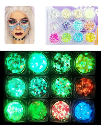 12 Colores Glitter Lentejuelas Facial, Lentejuelas Luminosas