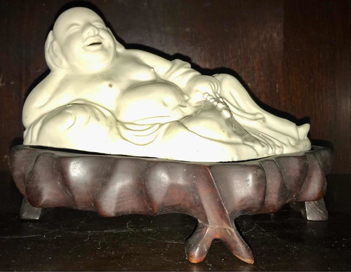 Figura Antiguo Buda Chino Porcelana Gran Base Madera Tallada