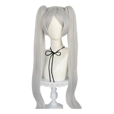 Peluca Gris Claro Plateada Coletas De Clip Larga Cosplay M