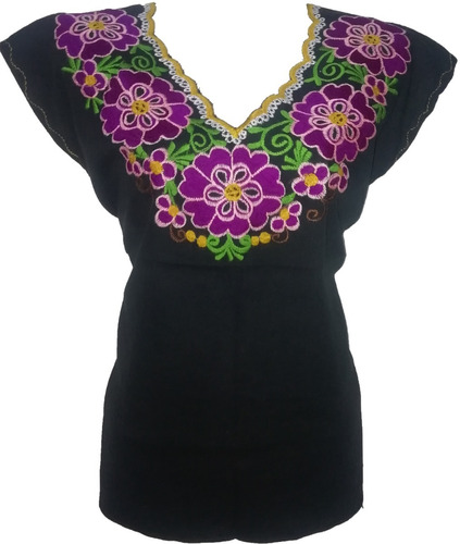 Blusa Típica Artesanal Margaritas Bordada Manta Chiapaneca