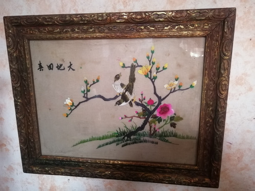 Cuadro Bordado A Mano Japonés Antiguo Seda Fengshui Vintage 