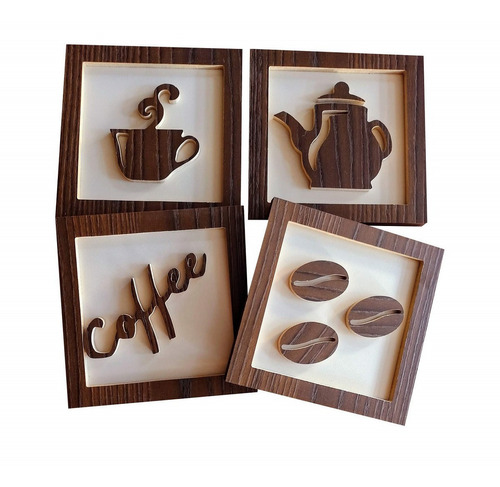 Kit 4 Quadros Decorativos Cantinho Do Café 3d Marrom