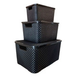 Kit 3 Caixas Organizadoras Rattan Preta Pequena Média Grande Cor Preto