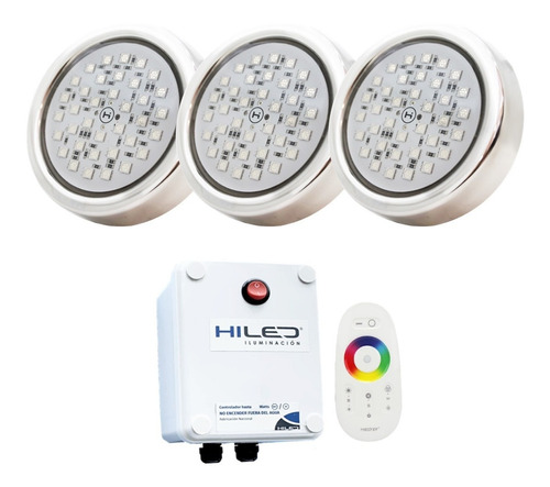 3 Luces Para Pileta Led Rgb 12w +fuente+control Remoto