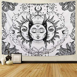 Tapestry Luna Y Sol Negro Y Blanco, Psicodélico, Lavable En 