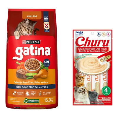 Gatina Pollo 15kg+churu Atún\u002Fcangrejo Sobre Con 4 Tubos 14g | Envío gratis
