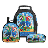 Mochila Escolar Super Mario Rodinha Kit Lancheira+estojo