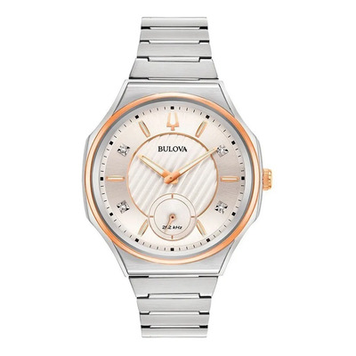 !! Reloj Bulova Curv Con 4 Diamantes 98p182 Color De La Correa Plateado Color Del Bisel Dorado Color Del Fondo Plateado Rosa