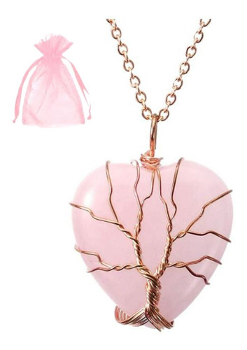 Collar Corazon Cuarzo Rosa Piedra Arbol Vida Chakra Yoga