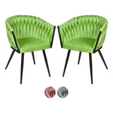 Set 2 Sillas Comedor Tejidas Terciopelo Modernas Elegantes Estructura De La Silla Negro Asiento Verde