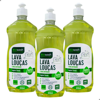 3x Detergente Biowash Biodegradável Vegano Capim Limão 650ml | Frete grátis