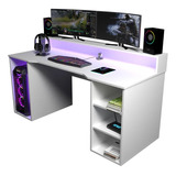 Escritorio Gamer Blanco Con Tira Led Rgb,repisa Para Monitor