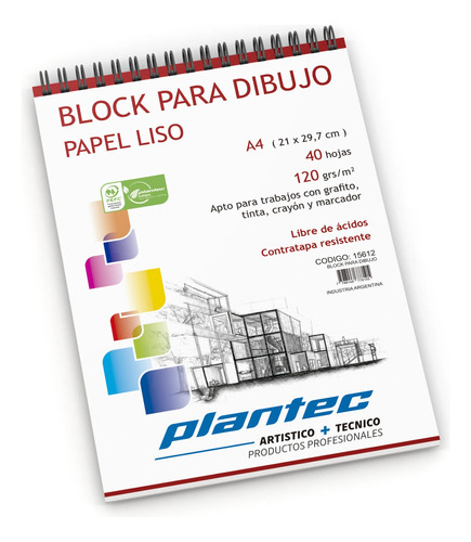 Block Para Dibujo Plantec A5 120grs 40hjs Espiral Papel Liso