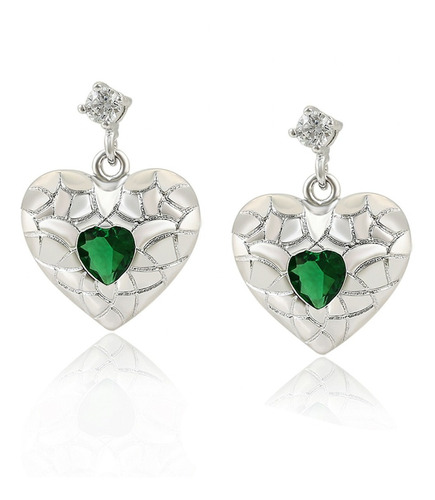 Aretes Oro 14k Lam Blanco Corazón Colgante Zirconia Verde