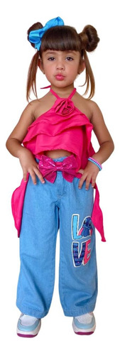 Conjunto Infantil Jeans Lilo Stitch Calça Croped Blogueira