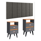 Cabeceira Estofada 1,4 Modular Kit Mesa Pequena Pés Retrô Cor Cinza Linho | Cinza/cinamomo