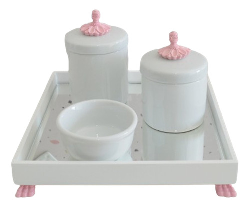Kit Higiene Porcelana Bebe Potes Cotonete Algodao Bandeja