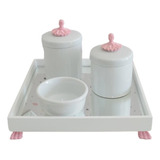 Kit Higiene Porcelana Bebe Potes Cotonete Algodao Bandeja