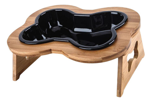 Comedero Para Mascotas Con Soporte De Madera Platos Negro