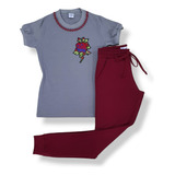 Conjunto Flor Bordado Blusinha Visco Calça Moletom Elastano