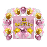 Kit Decoración Globos Metálicos Cortina Para Bautizo Dorado