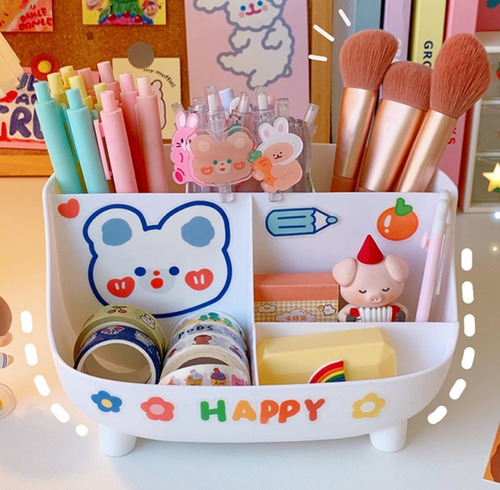 Organizador Porta Canetas Branco Kawaii Com Adesivos 