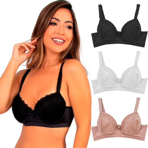 Kit 3 Sutiãs Com Renda E Alça Reforçada Lingerie Sigh