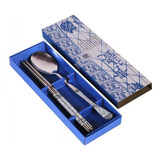 Set De Sushi Cuchara + Palitos De Acero Inoxidable En Caja Color Azul