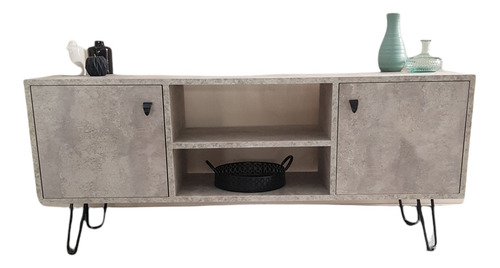 Rack Mueble Tv 1.40 Melamina. Gris Concreto. Patas Hierro