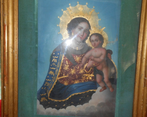 Antigua Virgen Niño Dios Pintura Oleo Cuadro Madera Xix