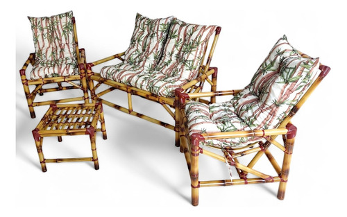 Jogo Cadeiras Poltronas Sofá De Bambu  Com Mesa E Almofadas 