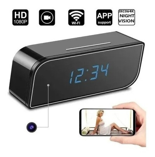 Mini Reloj Camara Espia Hd Wifi Alarma Color Negro 