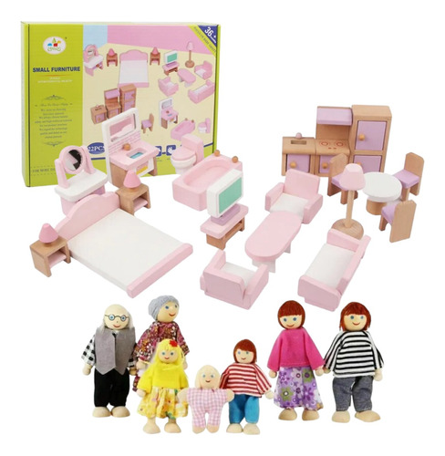 Casa De Muñecas De Madera Muebles Niñas 22 P + Set  Familia 