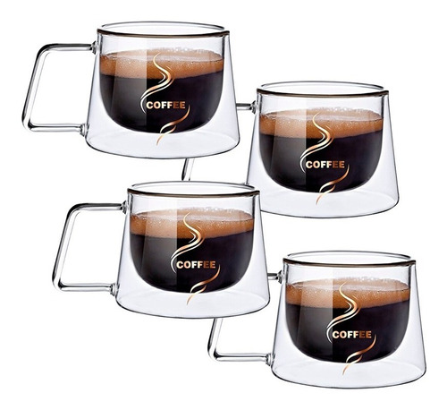 4 Tazas  Café Doble Pared Borosilicato 200 Ml  Pocillo Termi