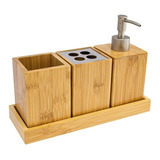 Set X4 De Baño Dispenser Porta Cepillos Vaso  Bambu Bamboo 