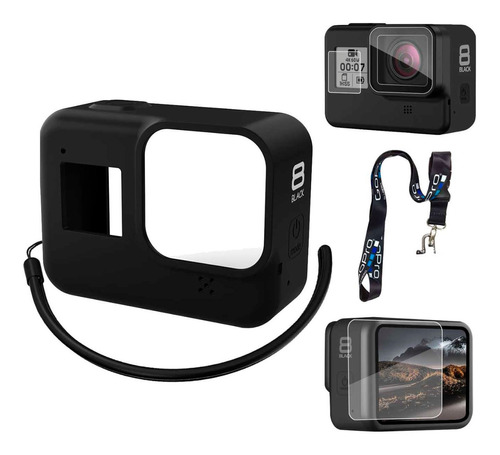 3 Micas + Funda Silicon + Strap Para Gopro Hero 8 Black New