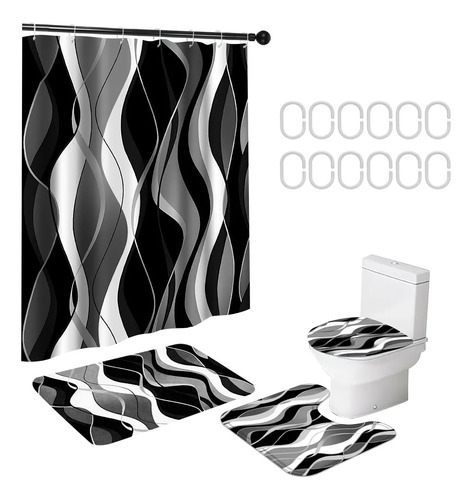 Juego De Baño 1 Cortina Y 3 Alfombrilla De Ducha Impermeable