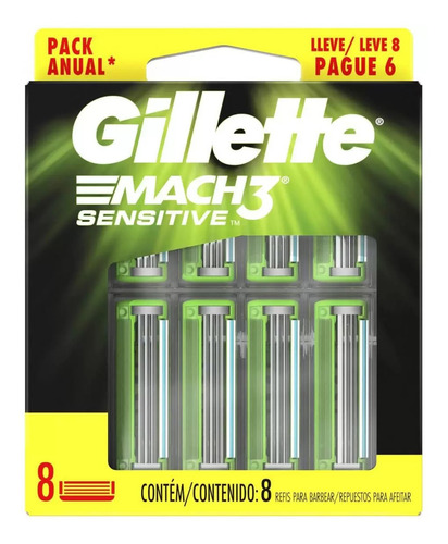Gillette Mach3 Sensitive Carga Aparelho Barbear 8 Unidades