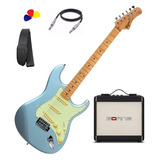 Kit Guitarra Stratocaster Tg-530 Blue Lake Com Borne Preto