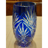 Florero En Antiguo Cristal Azul Tallado De 25 Cm  