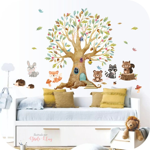 Vinilo Decorativo Infantil Bebe Árbol Y Animales En Acuarela