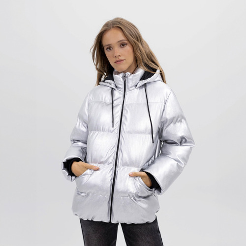 Parka Acolchada Capucha P.u. Plateada Mujer Raindoor