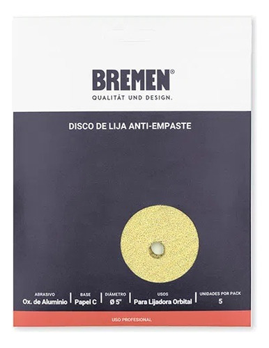 Discos De Lija Bremen Rotoorbital Antiempaste 125 Mm 5 Unid Cantidad De Granos 60