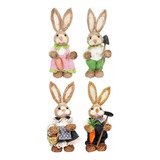 New 4x Conejo De Pascua Paja Adorno Estatuas Animales Jardin