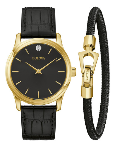 Reloj Bulova C/pulsera Corporate Para Hombre Set 97k100 Ts Color De La Correa Negro Color Del Bisel Dorado Color Del Fondo Negro